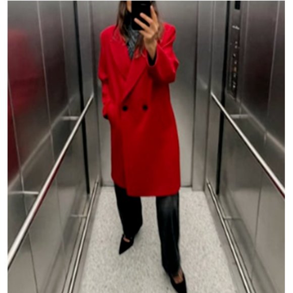 ZARA WOMEN RED LONG WOOL COAT DOUBLE BREASTED - Picture 5 of 12